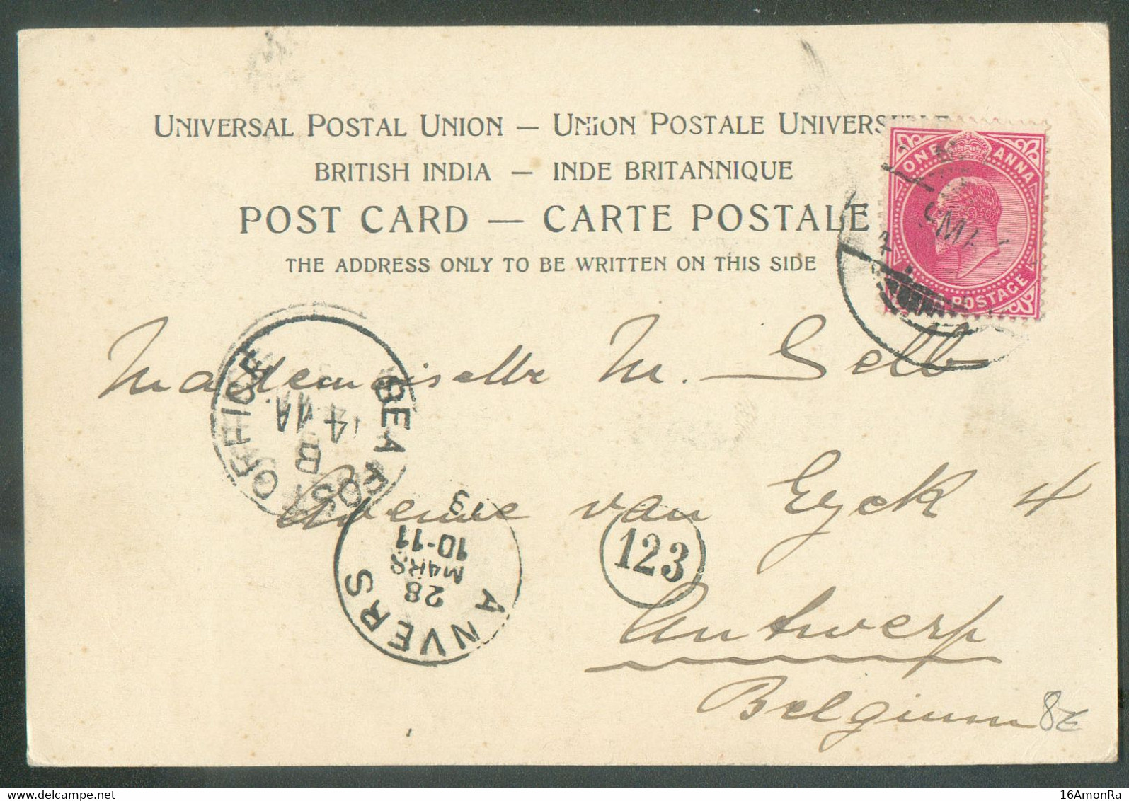 1a. Rose Canc. Cds ACRA On PPC (Esplanade Road Bombay)  9 March 1903 To Antwerp (Belgium)  - 18768 - 1902-11 King Edward VII