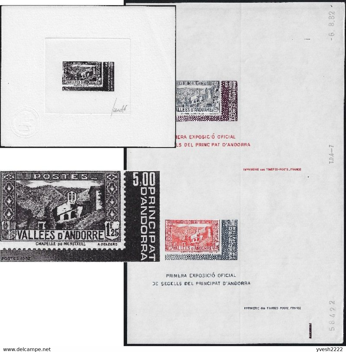 Andorre Français 1982 Y&T BF 1. Épreuve D'artiste Et 2 Blocs Essais De Couleurs. Timbres Sur Timbre, Chapelle - Hojas Bloque