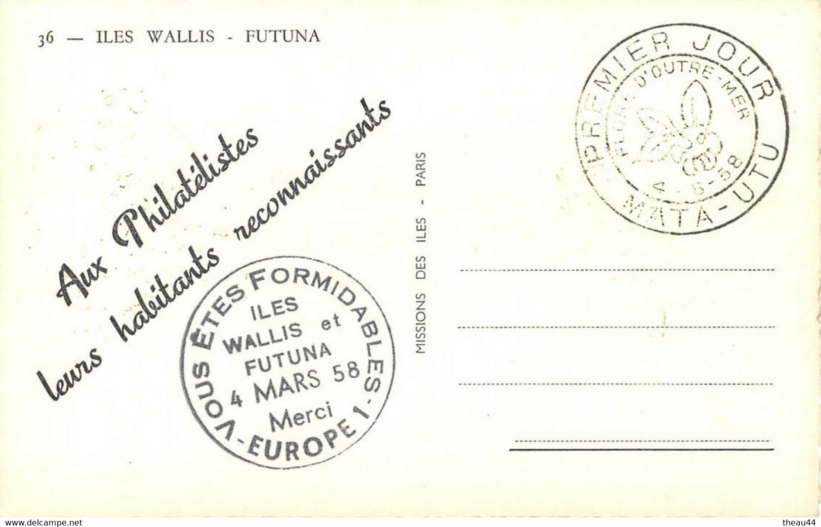 ¤¤   -   ILES WALLIS Et FUTUNA   -   Carte 1er Jour De 1958   -  Oblitération      -    ¤¤ - Wallis Et Futuna