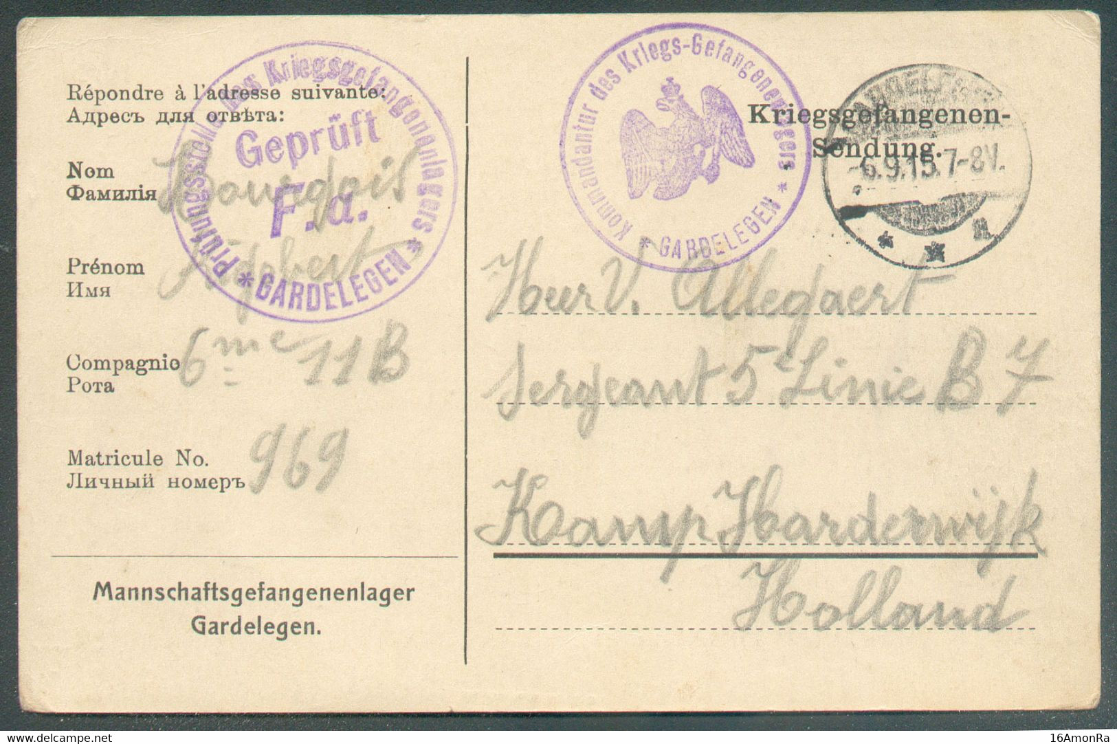 Carte Pour Prisonniers De Guerre Au Départ De GARDELEGEN 23-8-1915  (cachet Du 9.9.1915) Vers Le Camp D'Harderwijk (Pays - Prisoners