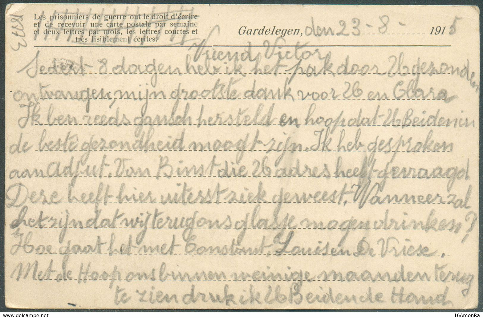 Carte Pour Prisonniers De Guerre Au Départ De GARDELEGEN 23-8-1915  (cachet Du 9.9.1915) Vers Le Camp D'Harderwijk (Pays - Prisoners