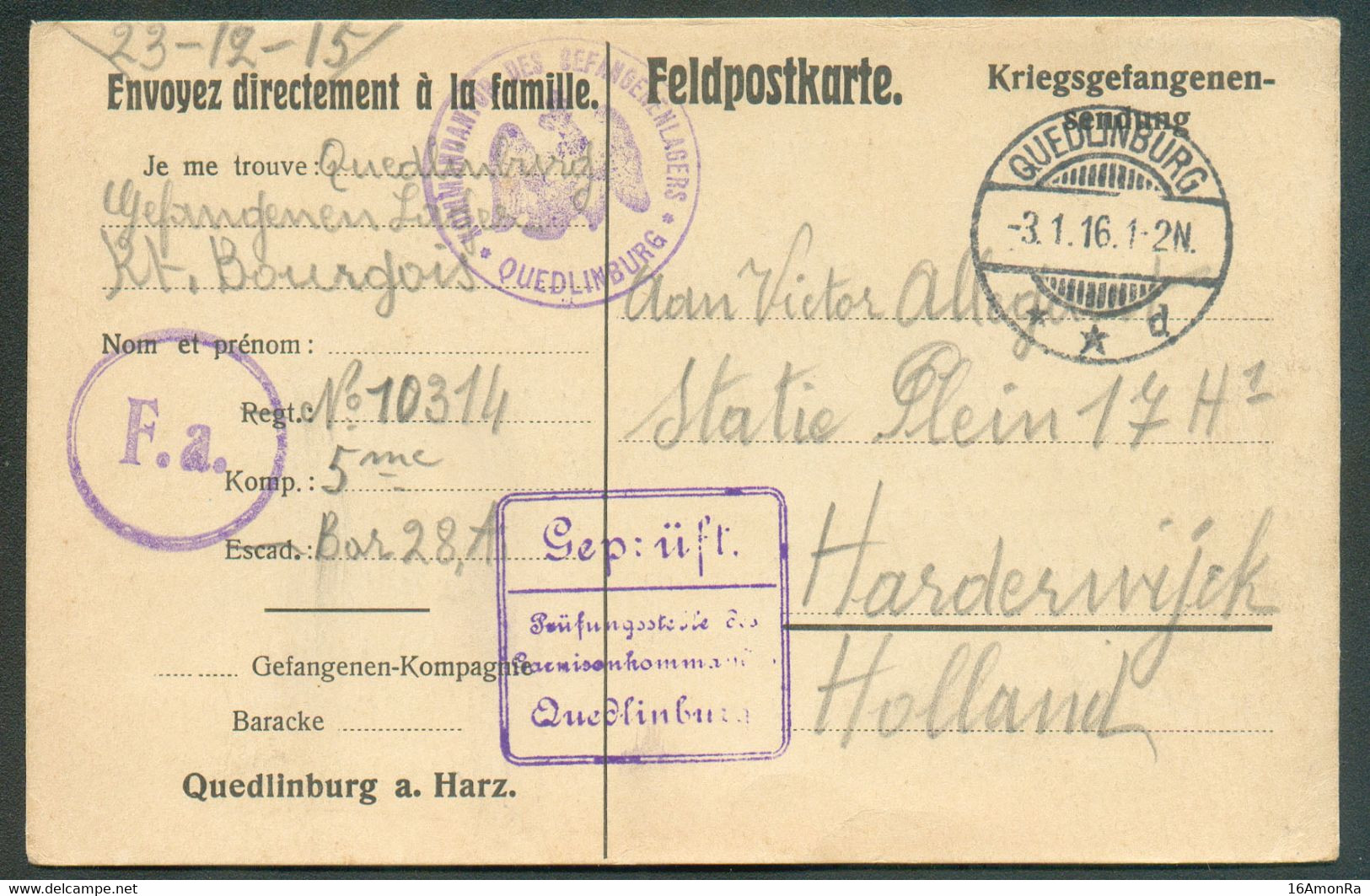 Carte Pour Prisonniers De Guerre Au Départ De QUEDLINBURG 23-12-1915  (cachet Du 3.1.1916) Vers Le Camp D'Harderwijk (Pa - Krijgsgevangenen