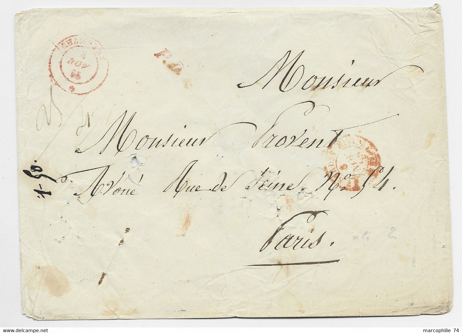 SAVOIE CACHET SARDE ROUGE CHAMBERY 1854 + PD ENVELOPPE LETTRE POUR PARIS TAXE 20 AU DOS - 1849-1876: Classic Period