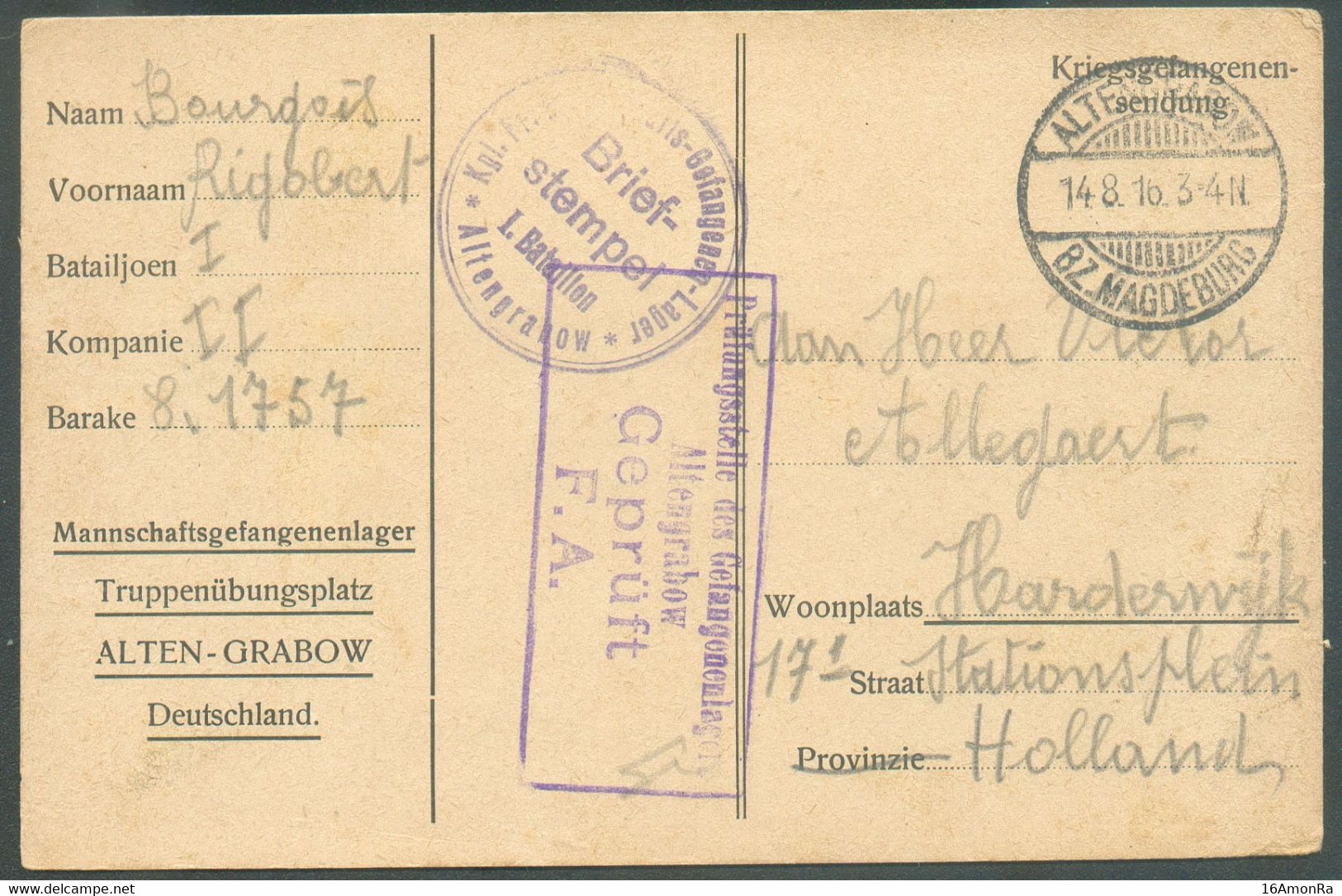 Carte Pour Prisonniers De Guerre Au Départ De ALTEN-GRABOW 30-07-1916  (cachet Du 14.8.1916) Vers Le Camp D'Harderwijk ( - Krijgsgevangenen