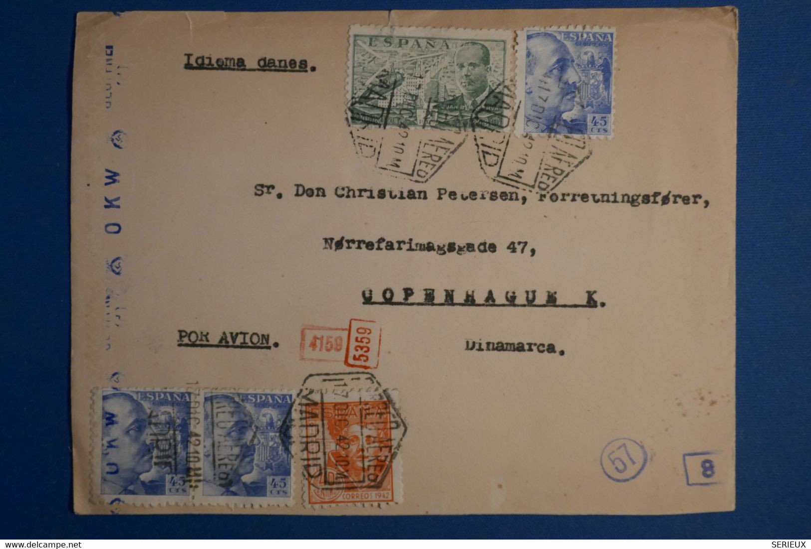 AF5 ESPANA  BELLE   LETTRE CENSUREE   1942 MADRID   A COPENHAGUE +AEROPHILATELIE +AFF.  INTERESSANT - Lettres & Documents