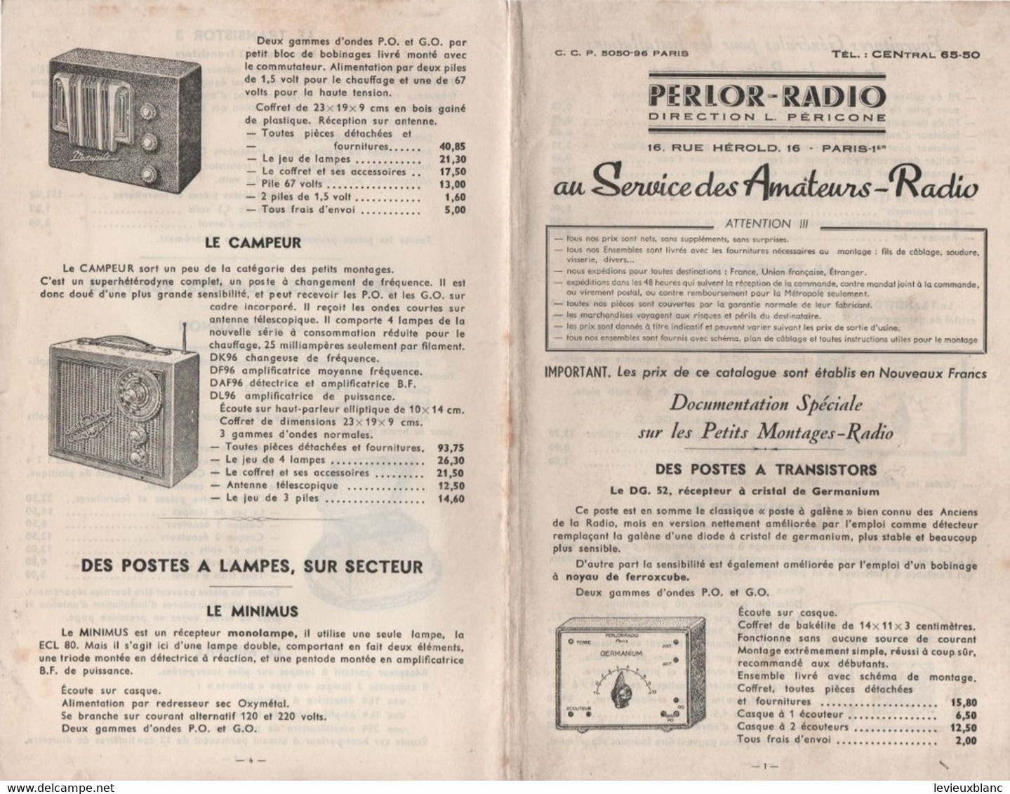 Prospectus Publicitaire à 2 Volets/PERLOR-RADIO// L PERICONE/ Au Service Des Amateurs -Radio/Vers 1960   VPN353 - Aparatos
