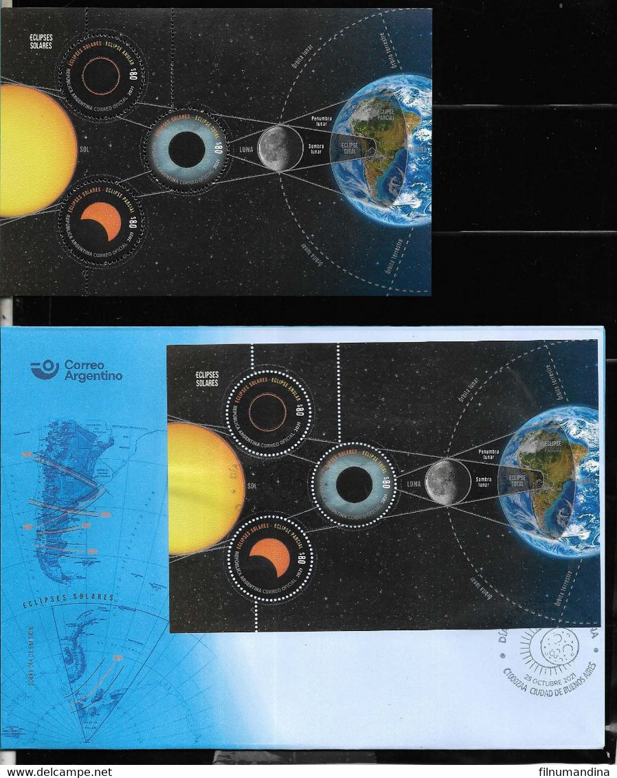 #10068 ARGENTINE,ARGENTINA 2021 SPACE COSMOS SOLAR SYSTEM ECLIPSES S/SHEET BLOC, MNH+ FDC - Unused Stamps