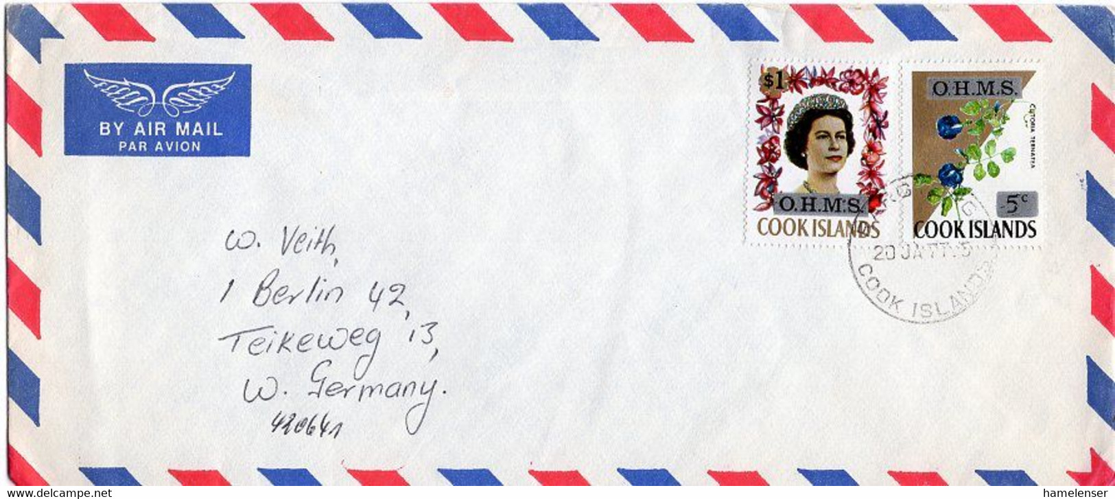 L30836 - Cook-Inseln - 1977 - $1&5c. OHMS-Aufdruck MiF A. LpBf. RAROTONGA -> Westdeutschland - Cook Islands