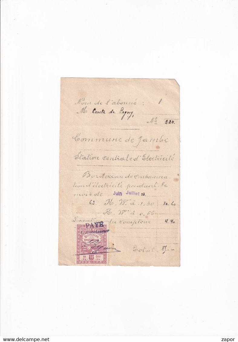 Bordereau De Comsommer - Mr Comte De Legny - Commune De Jambe - Quittance / Kwijtbrieven 10c - 1923 - Documents