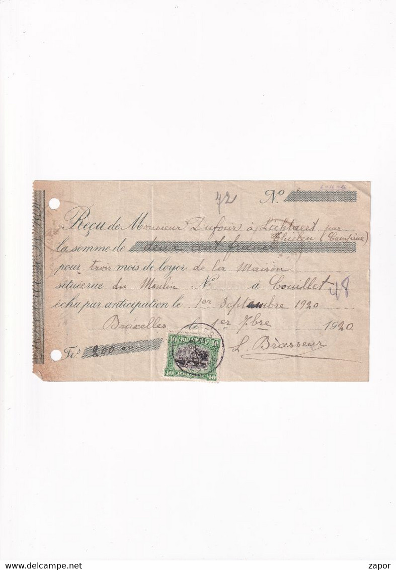 Ontvangstbewijs Mr Dufour Lichtaart - 1920 - Couillet - Herentals - Tielen - Brussel / Elsene - 143 / 40c Dinant - Doorgangstempels