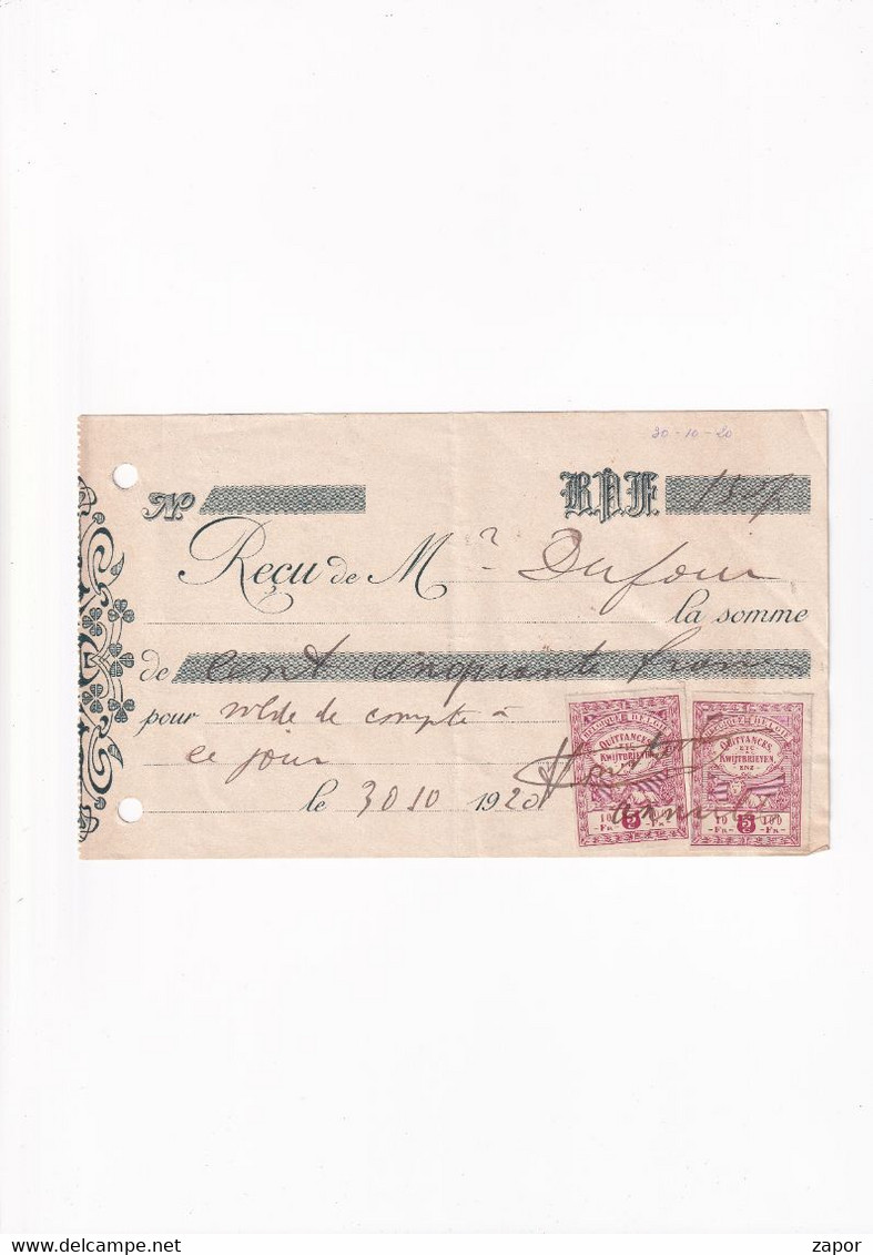 Ontvangstbewijs Mr Dufour  - 1920 - 5c Quittances / Kwijtbrieven - Documents