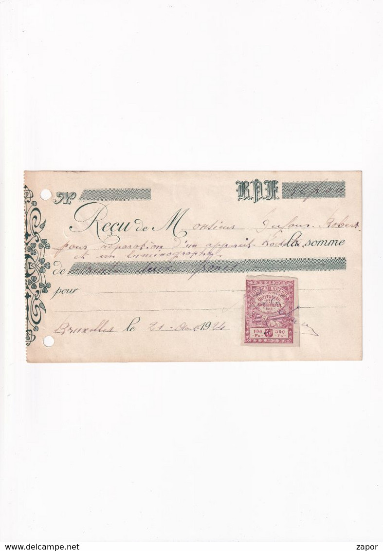 Ontvangstbewijs Mr Dufour  - Bruxelles 1924 - 10c Quittances / Kwijtbrieven - Documents