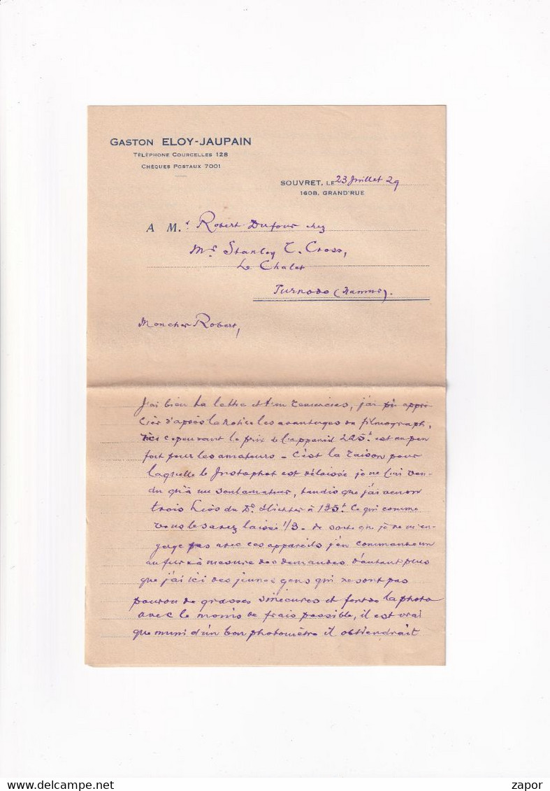 Brief / Lettre - Gaston Eloy - Jaupain Souvret Naar Purnode - 1929 - 255 Albert I 60c - Puntstempels