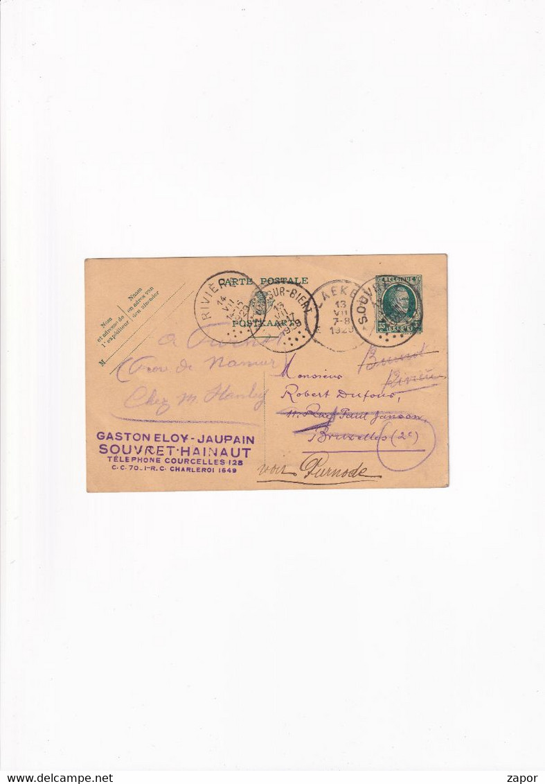 Briefkaart - Gaston Eloy - Souvret Naar Brussel Via Rivière / Laken - Albert I 35c - Doorgangstempels