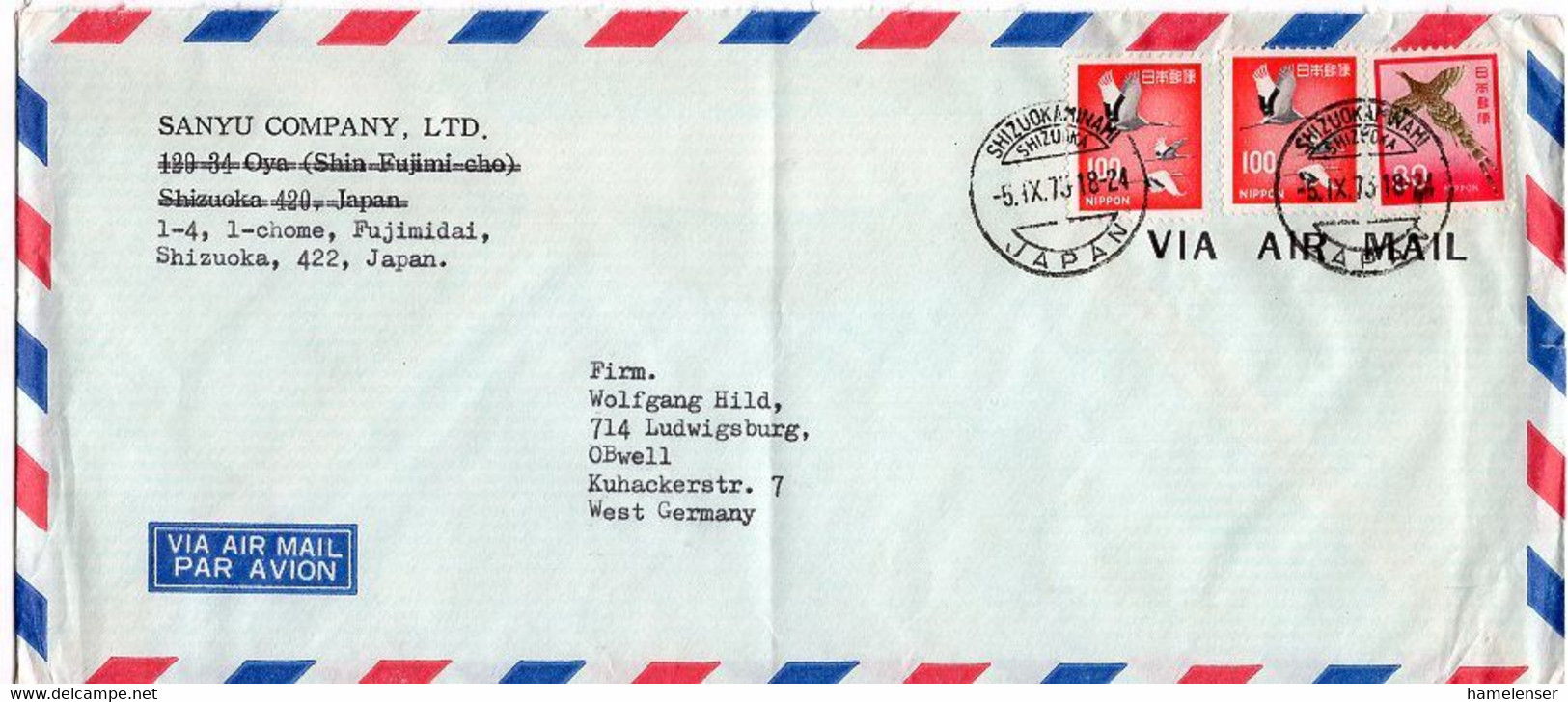 L31633 - Japan - 1975 - 2@¥100 Kranich MiF A. LpBf. SHIZUOKAMINAMI SHIZUOKA -> Westdeutschland - Covers & Documents