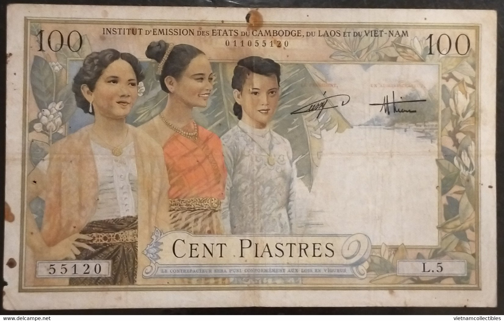 Indochina Indochine Vietnam Viet Nam Laos Cambodia 100 Piastres VF Banknote Note / Billet 1953 - Pick # 108 / 2 Photos - Indochine