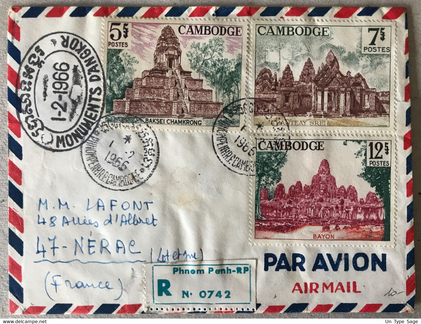 Cambodge, TAD PHNOM PENH 1.2.1966 + Flamme MONUMENTS D'ANGKOR Sur Enveloppe Pour Nerac - (B3108) - Cambogia