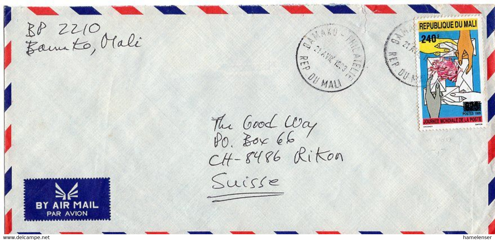 L31859 - Mali - 1993 - 240F Aufdruck Tag Der Post EF A. LpBf. BAMAKO -> Schweiz - Correo Postal