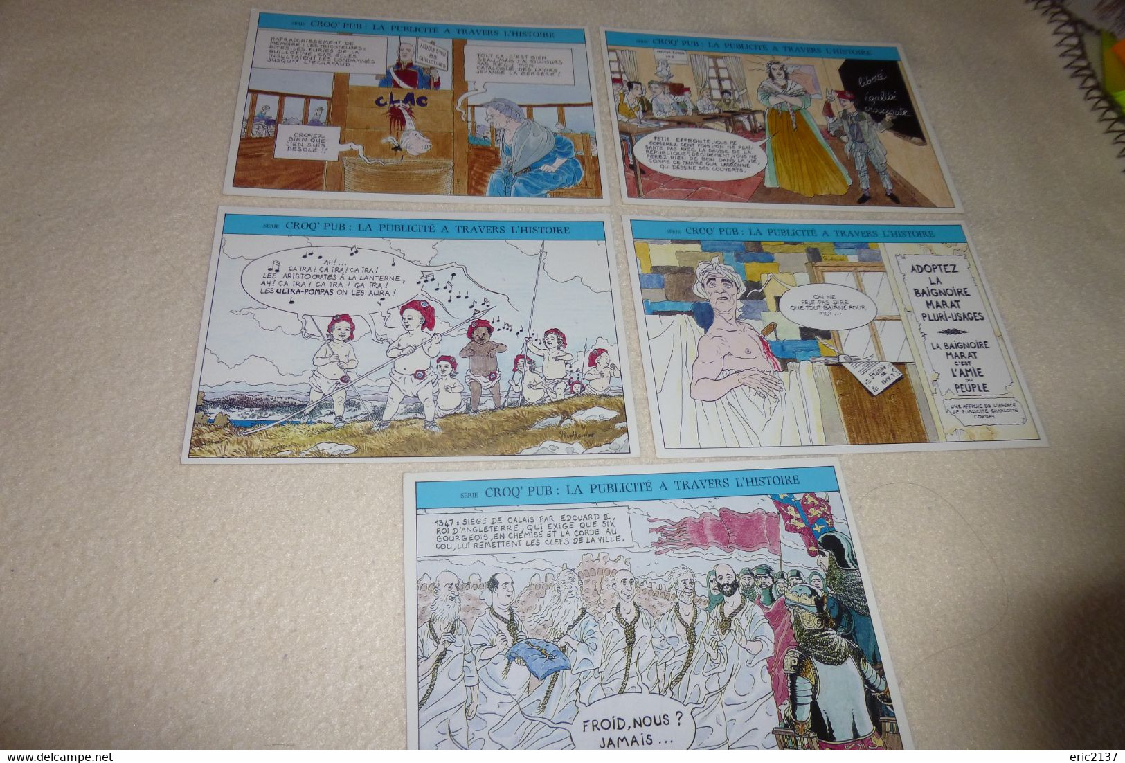 LOT DE 5 ILLUSTRATIONS SERIE CROQ'PUB LA PUBLICITE A TRAVERS L'HISTOIRE...SIGNE DAVID PRUDHOMME - 5 - 99 Cartes