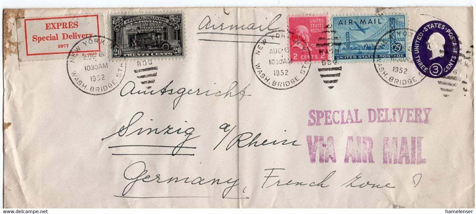 L31862 - USA - 1952 - 3￠GA-Umschlag M. Lp.-Eilboten NEW YORK NY WASH BRIDGE STA. -> Westdeutschland - Lettres & Documents