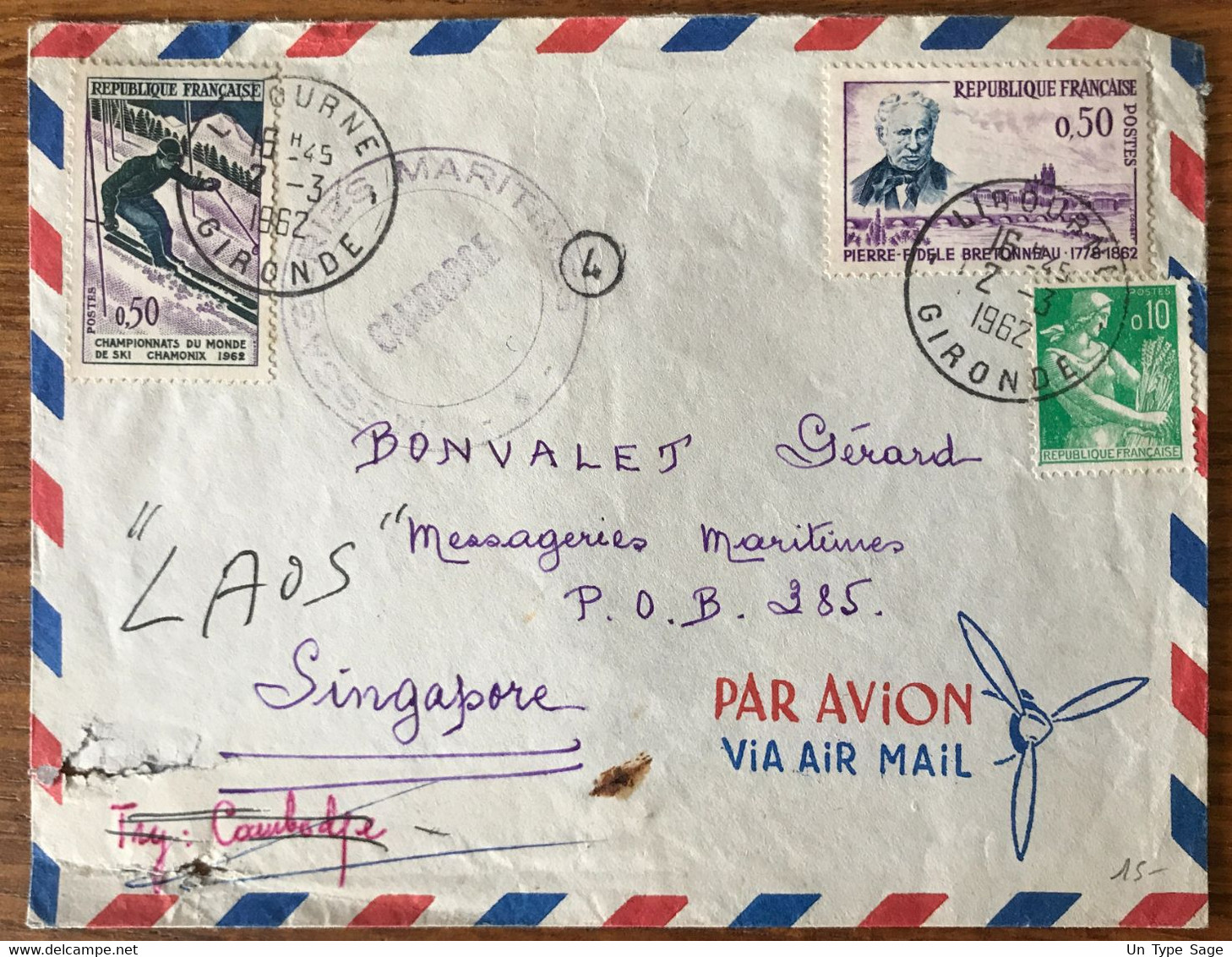 Cambodge, Cachet MESSAGERIES MARITIMES CAMBODGE Sur Enveloppe De France 2.3.1962 Pour Singapour - (B3222) - Kambodscha