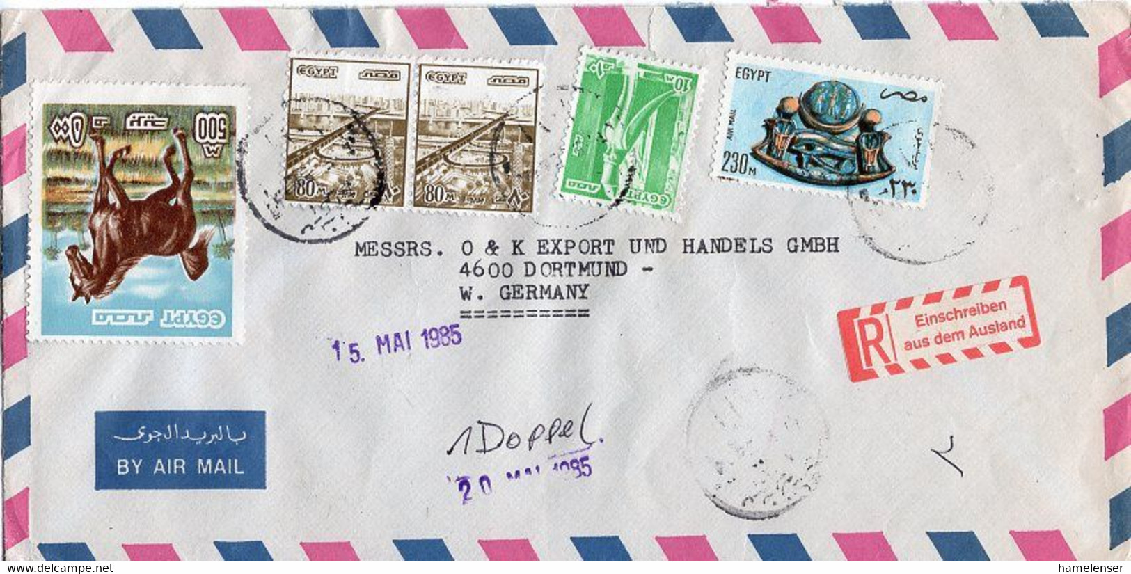 L31874 - Ägypten - 1985 - 500M Pferd MiF A. R-LpBf. PORT SAID -> Westdeutschland, M. Dt. Label "Einschreiben ..." - Storia Postale