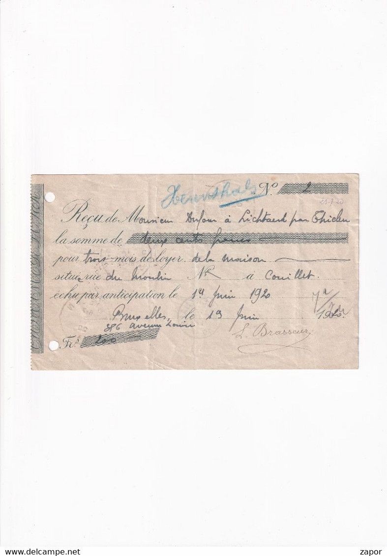 Ontvangstbewijs / Reçu  - Tielen / Herentals / Ixelles - Elsene - 1920 - Doorgangstempels