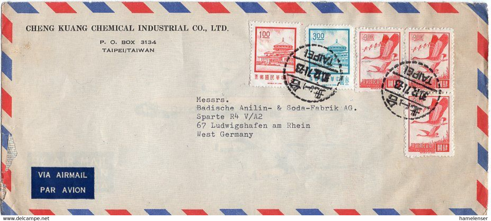 L31876 - China / Taiwan - 1971 - 3@$4 Gaense MiF A. LpBf TAIPEI -> Westdeutschland - Briefe U. Dokumente