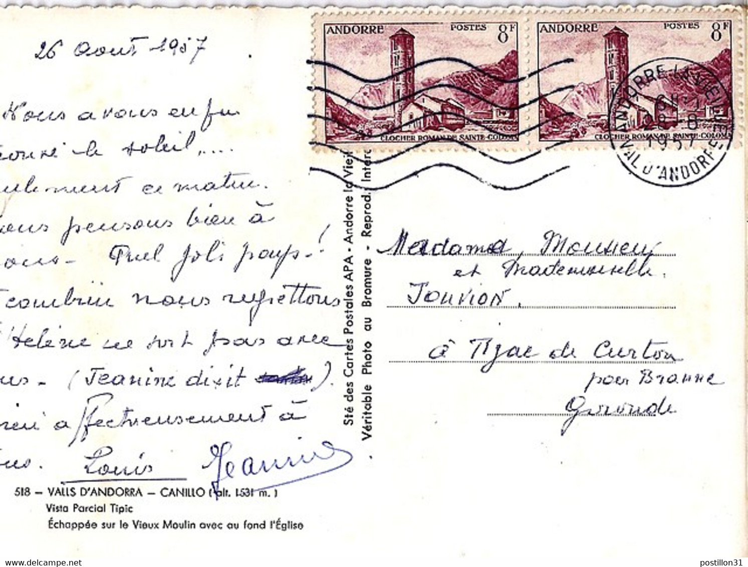 ANDORRE N°143 X 2 SUR C.P. DU 28.8.57 - Storia Postale