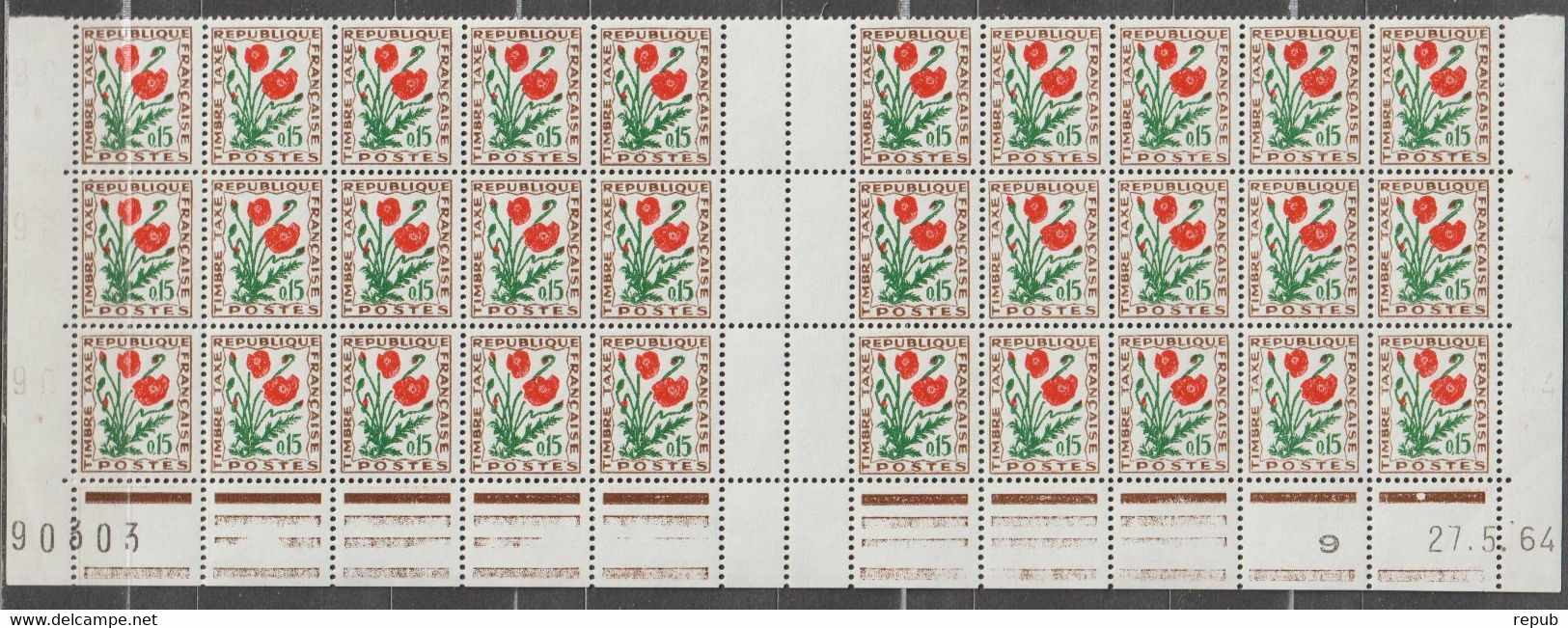 France Coins Datés 1964 Coquelicot Taxe 97 Dans Bas De Feuille De 30 ** MNH - Segnatasse