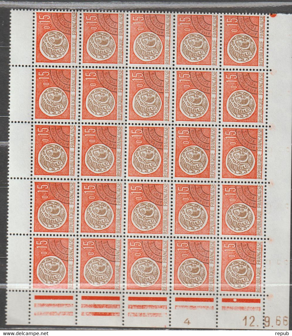 France Coins Datés 1966 Monnaies Gauloises Préo 124 Dans Coin De Feuille De 25 ** MNH - Precancels