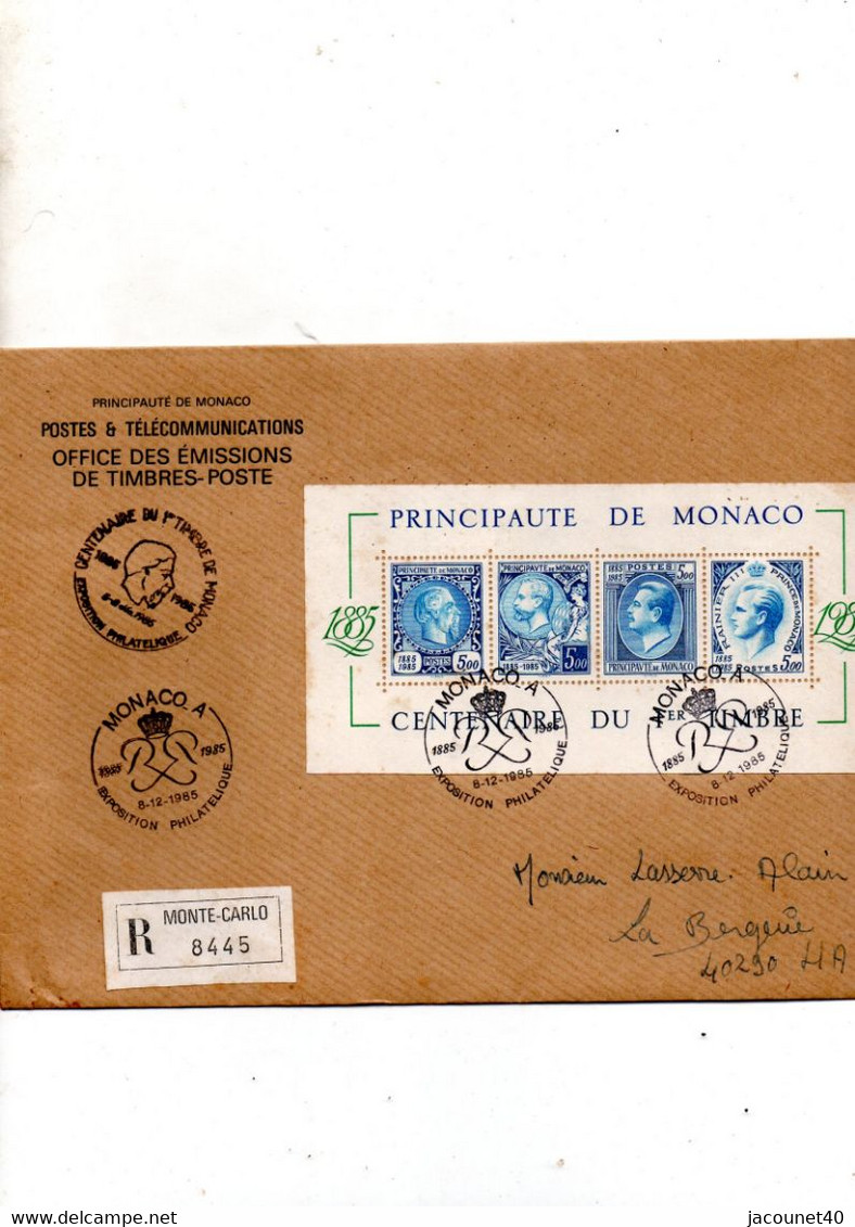 Monaco Bloc Du Centenaire Du 1ier Timbre Expo Du 6/812/1985 Lettre  Recomander - Storia Postale
