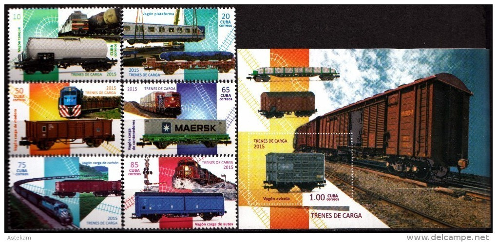 CUBA 2015, TRANSPORT, TRAINSETS With FREIGHT WAGONS, COMPLETE MNH SERIES With BLOCK In GOOD QUALITY, *** - Neufs