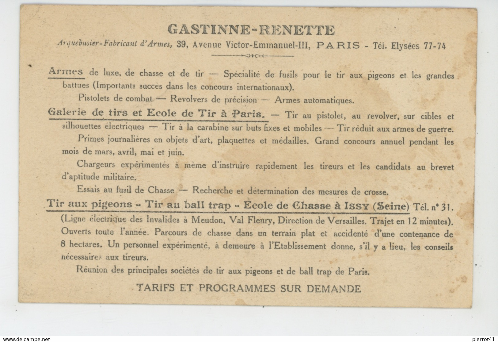 SPORT - TIR - ARMES - Carte PUB De La Maison GASTINNE RENETTE , Arquebusier Fabricant D'Armes à PARIS - Galerie De Tirs - Waffenschiessen