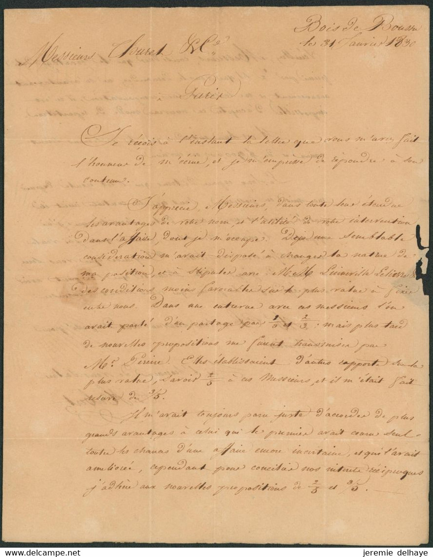 Précurseur - LAC Datée De Bois De Boussu (1830) + Cachet Type 11 Bergen Et Griffe Noire BOUSSU > Paris + Marque De Passa - 1815-1830 (Holländische Periode)