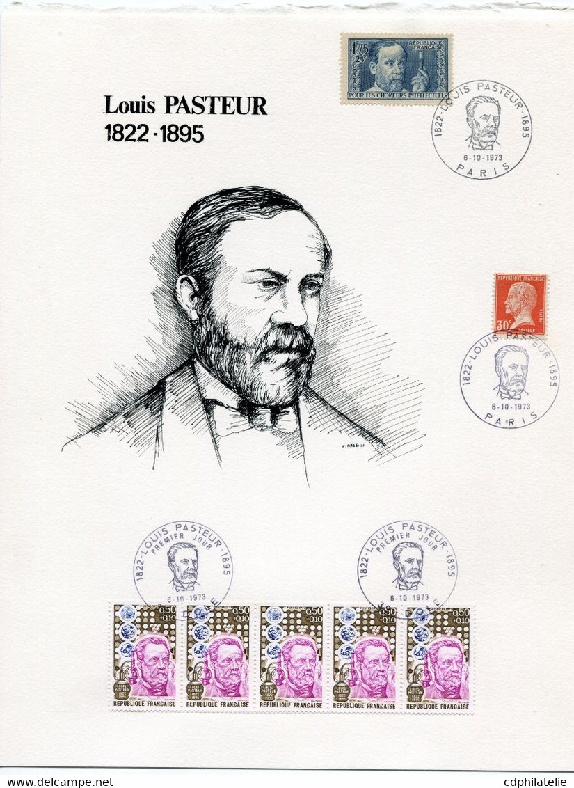 FRANCE DOCUMENT THEME PASTEUR AVEC OBLITERATION ILLUSTREE PREMIER JOUR DOLE 8-10-1973 + OBLITERATION PARIS 8-10-1973 - Louis Pasteur