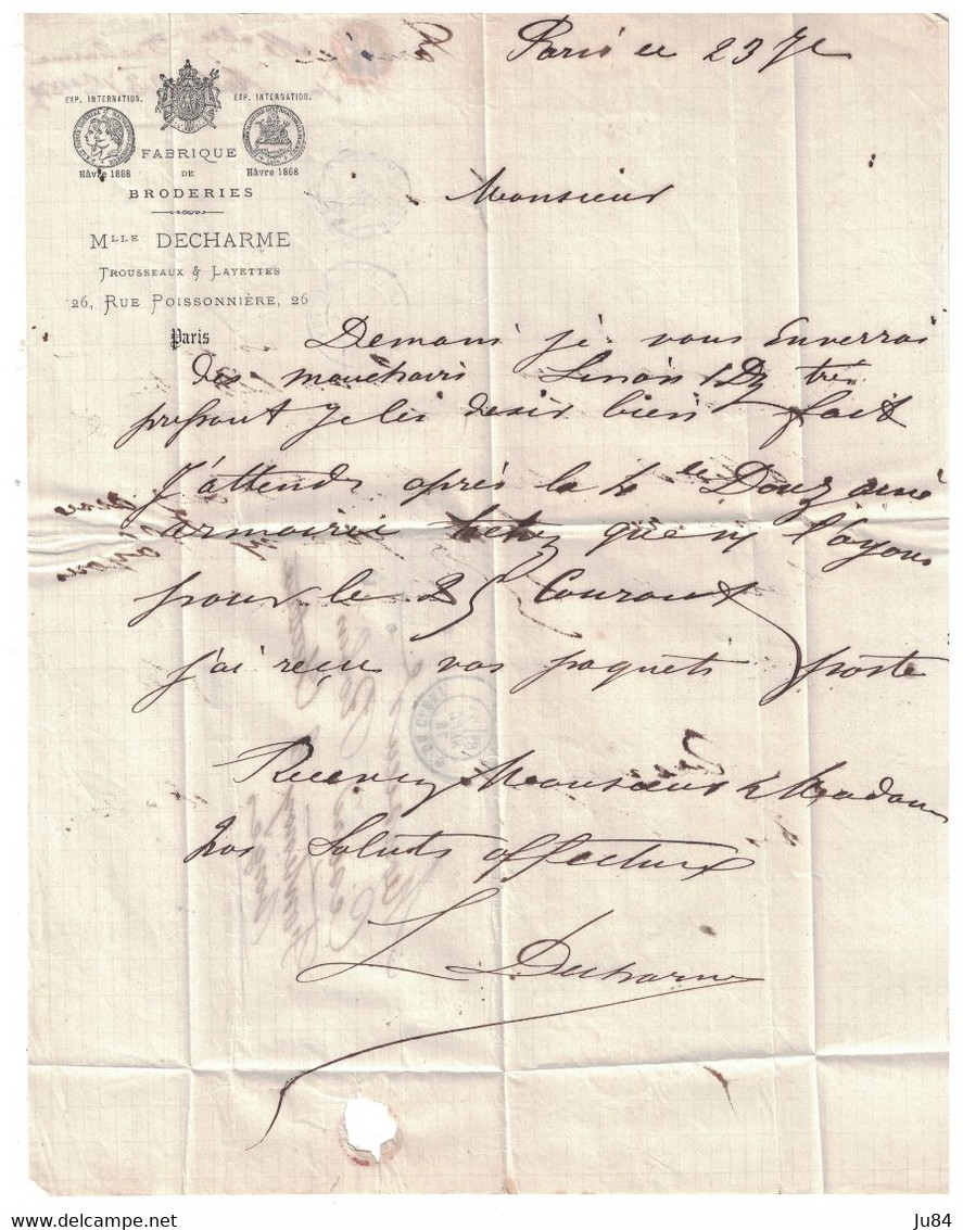 Paris - Rue De Clery - Lettre Entête Fabrique De Broderie - Mlle Decharme - Pour Fontenoy Le Château -  6 Septembre 1875 - 1849-1876: Klassik