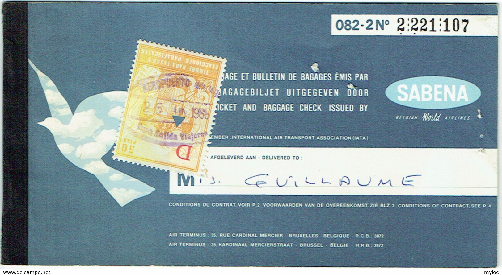 Ticket/Billet D'Avion. SABENA. MALAGA/BRUSSELS. 1968. Timbre Taxe. - Europa