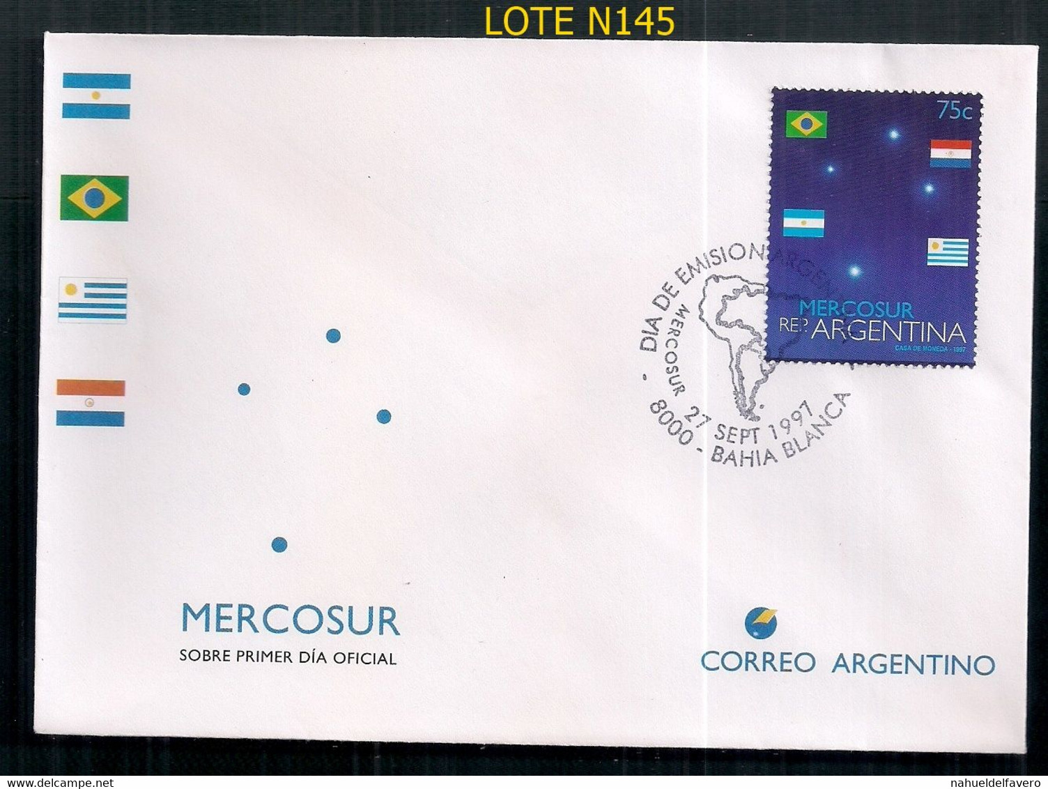 ARGENTINE 1997 GJ 2848 MERCOSUR EN COUVERTURE PREMIER JOUR - Brieven En Documenten