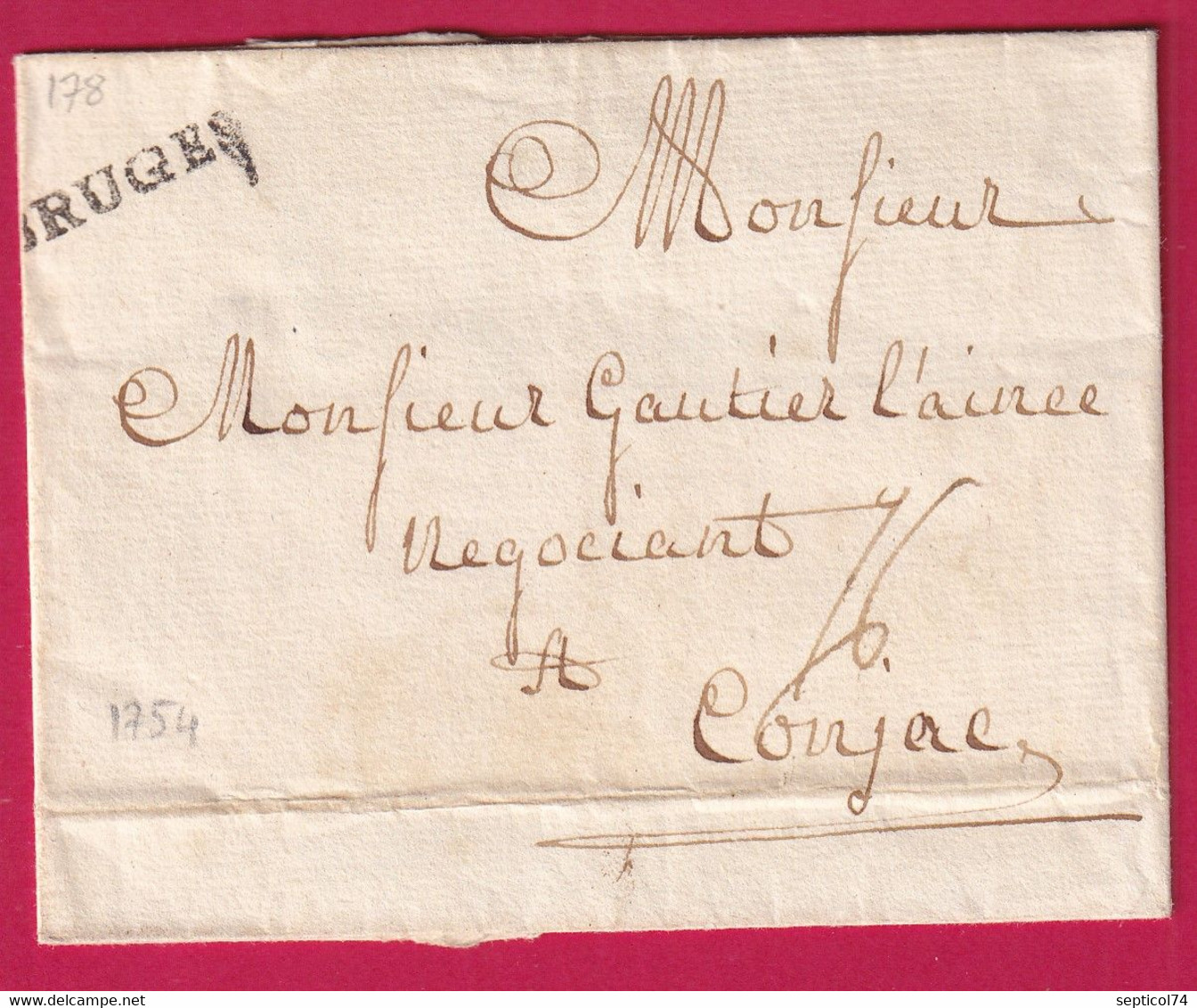 MARQUE BRUGES BELGIQUE 1754 POUR COGNAC CHARENTE - 1714-1794 (Paises Bajos Austriacos)