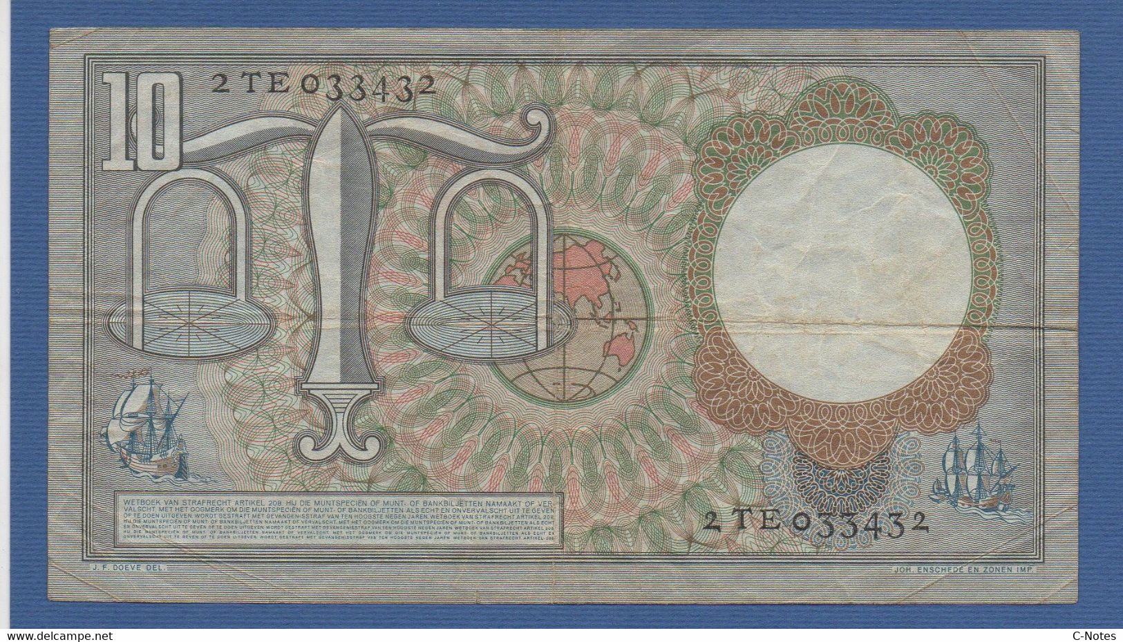 NETHERLANDS  - P.85 – 10 Gulden 23.03.1953  F/VF Serie 2TE 033432 - 10 Florín Holandés (gulden)