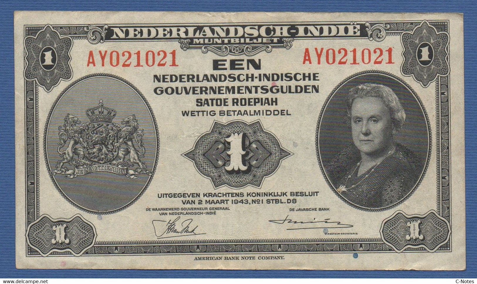 NETHERLANDS INDIES  - P.111a – 1 Gulden L.02.03.1943  VF Serie AY 021021 Special Number - Indes Neerlandesas