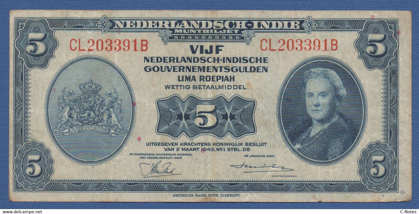 NETHERLANDS INDIES  - P.113a – 5 Gulden L.02.03.1943  VF Serie CL203391B - Niederländisch-Indien