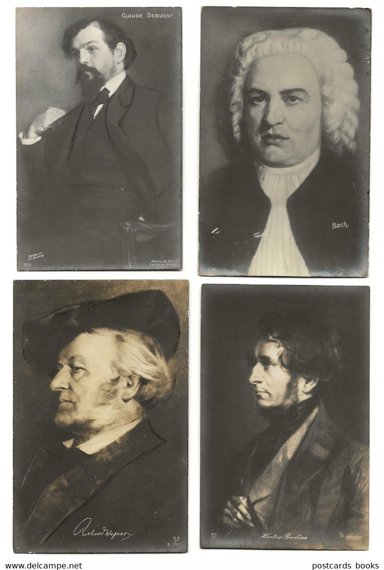 Set Of 4 Old Real Photo Postcards MUSIC COMPOSERS Berlioz, Debussy, Bach, Wgner. Lot Of 4 - Musik Und Musikanten