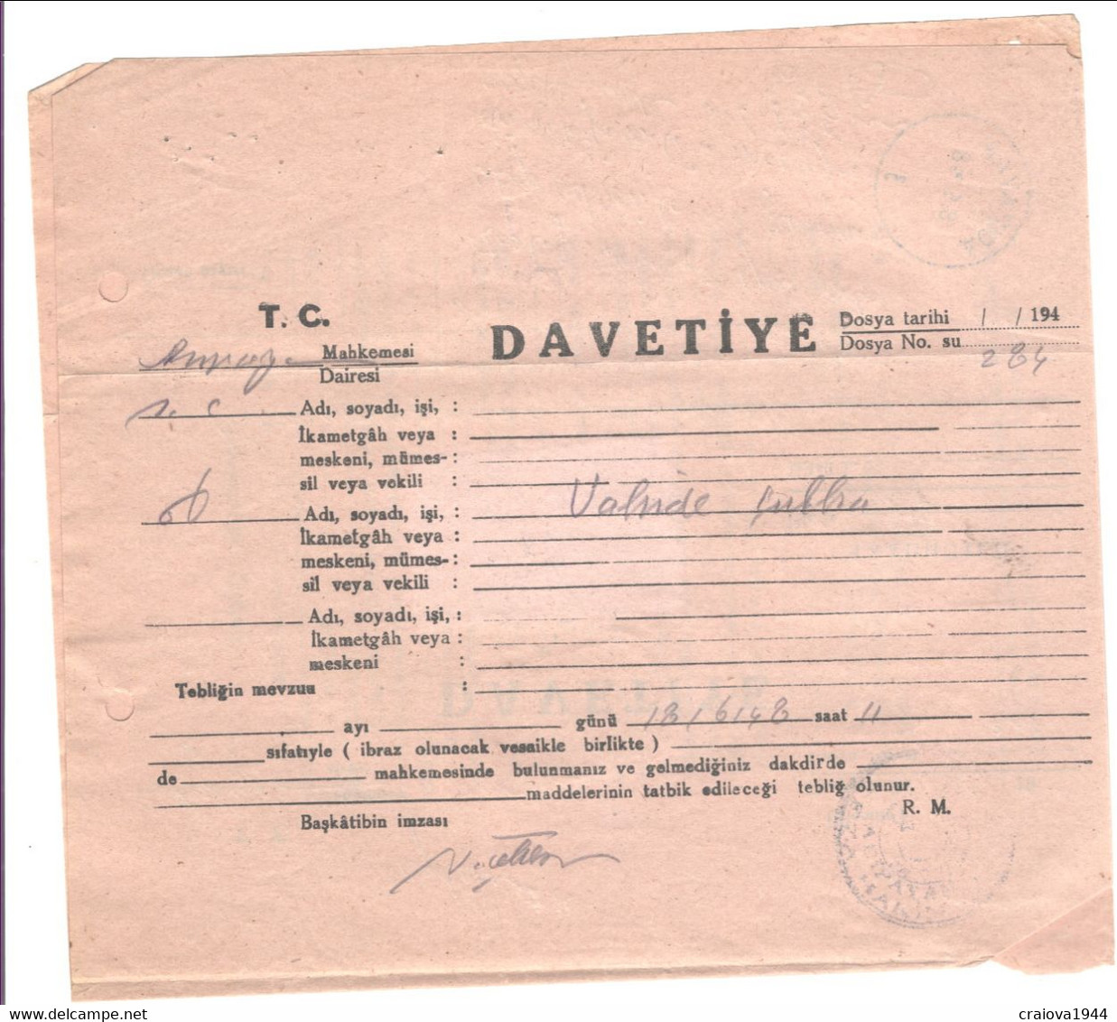 TURKEY, 1948, "COURT Of JUSTICE INVITATION CARD - 8 May 1948 - Briefe U. Dokumente