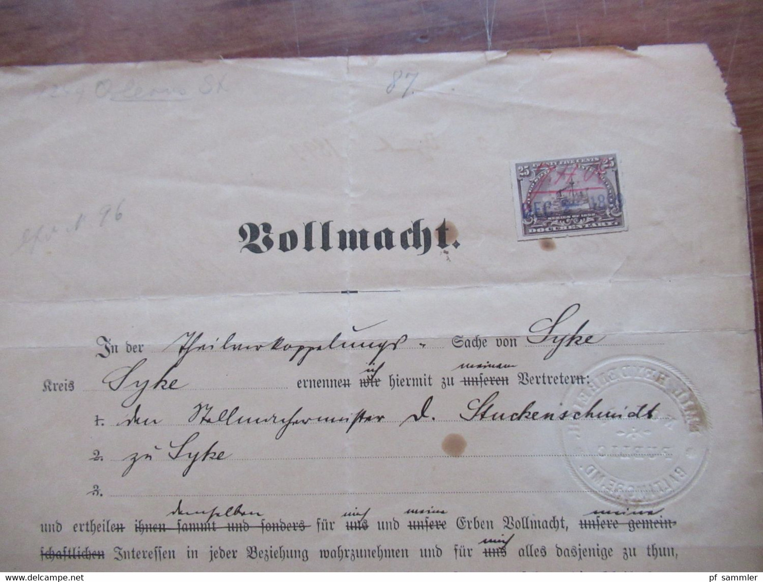 USA 1899 Dokument Fiskalmarke / Revenue Documentary Vollmacht Mit Siegel Und Stp. Kaiserlich Deutsches Cosulat Baltimore - Lettres & Documents