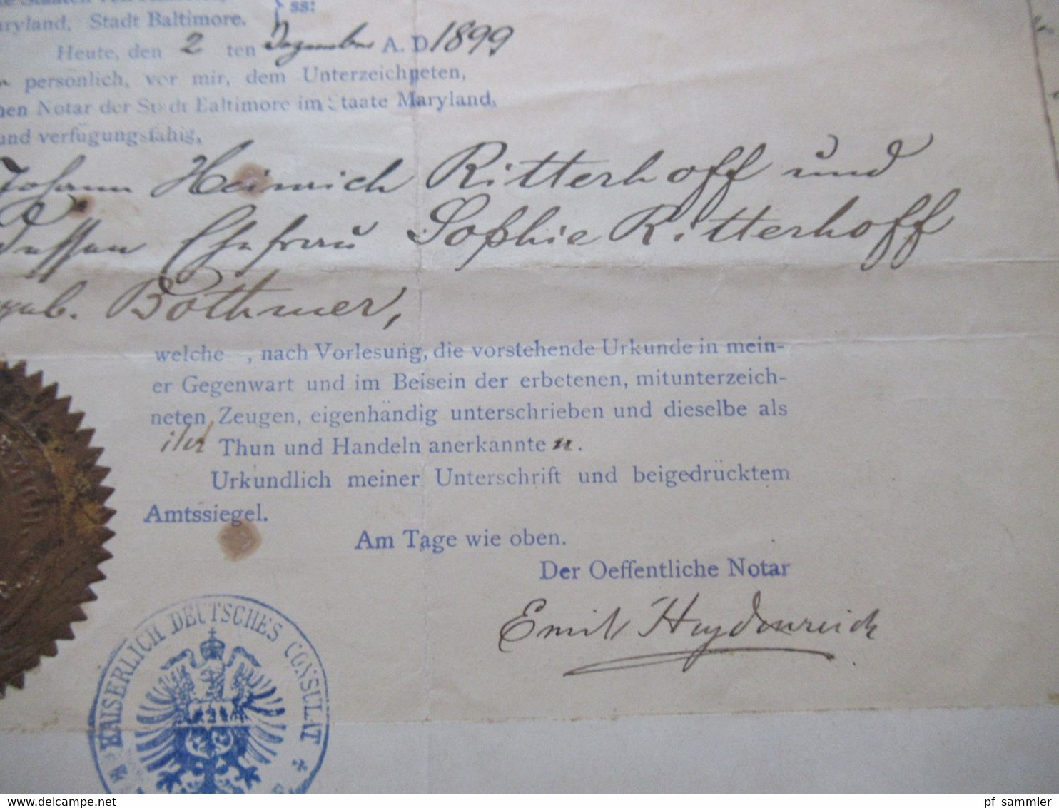 USA 1899 Dokument Fiskalmarke / Revenue Documentary Vollmacht mit Siegel und Stp. Kaiserlich Deutsches Cosulat Baltimore