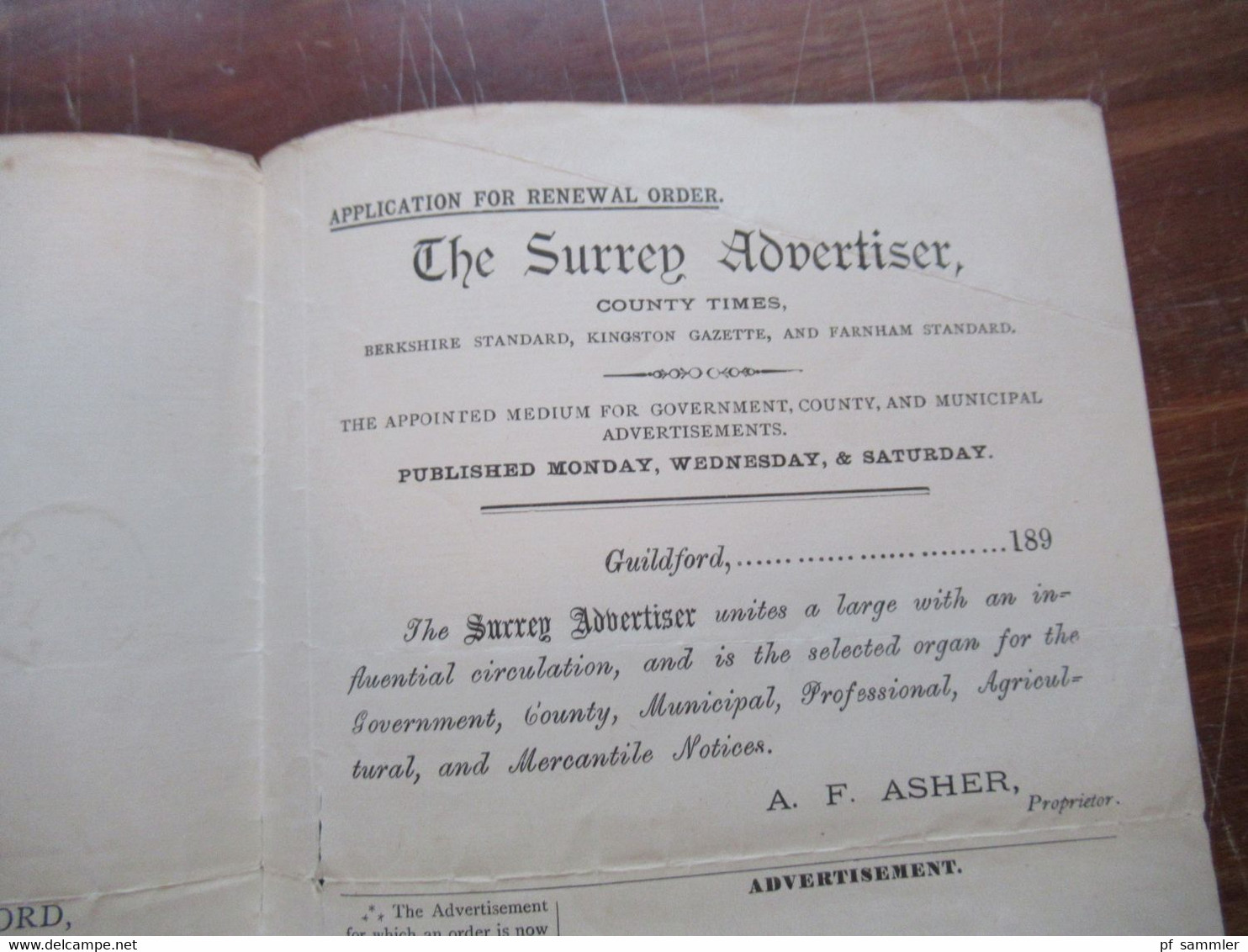 GB 1891 Nr.86 EF gedruckter Brief Application for Renewal Order The Surrey Advertiser Stempel Guildford