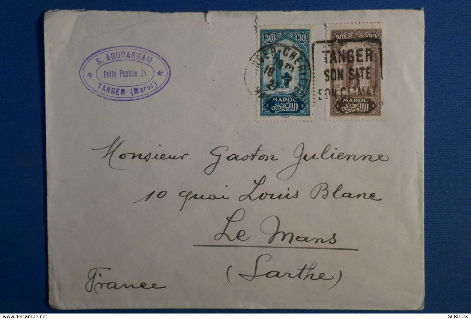 AF6 MAROC BELLE LETTRE  1927 +++++TANGER  POUR LE MANS FRANCE+AFFRANCH.  INTERESSANT - Briefe U. Dokumente