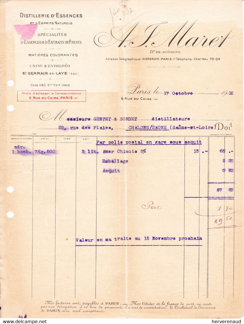 Facture "essences Maret" à Paris, Pour Chalon-sur-Saône (1918) - Droguerie & Parfumerie